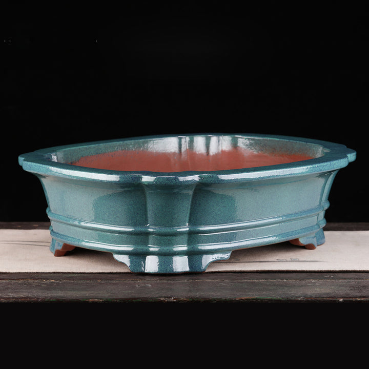 20 inch (51cm) Extra Large Scalloped Corner Flared Rectangular Blue Glazed Bonsai Pot Corner View