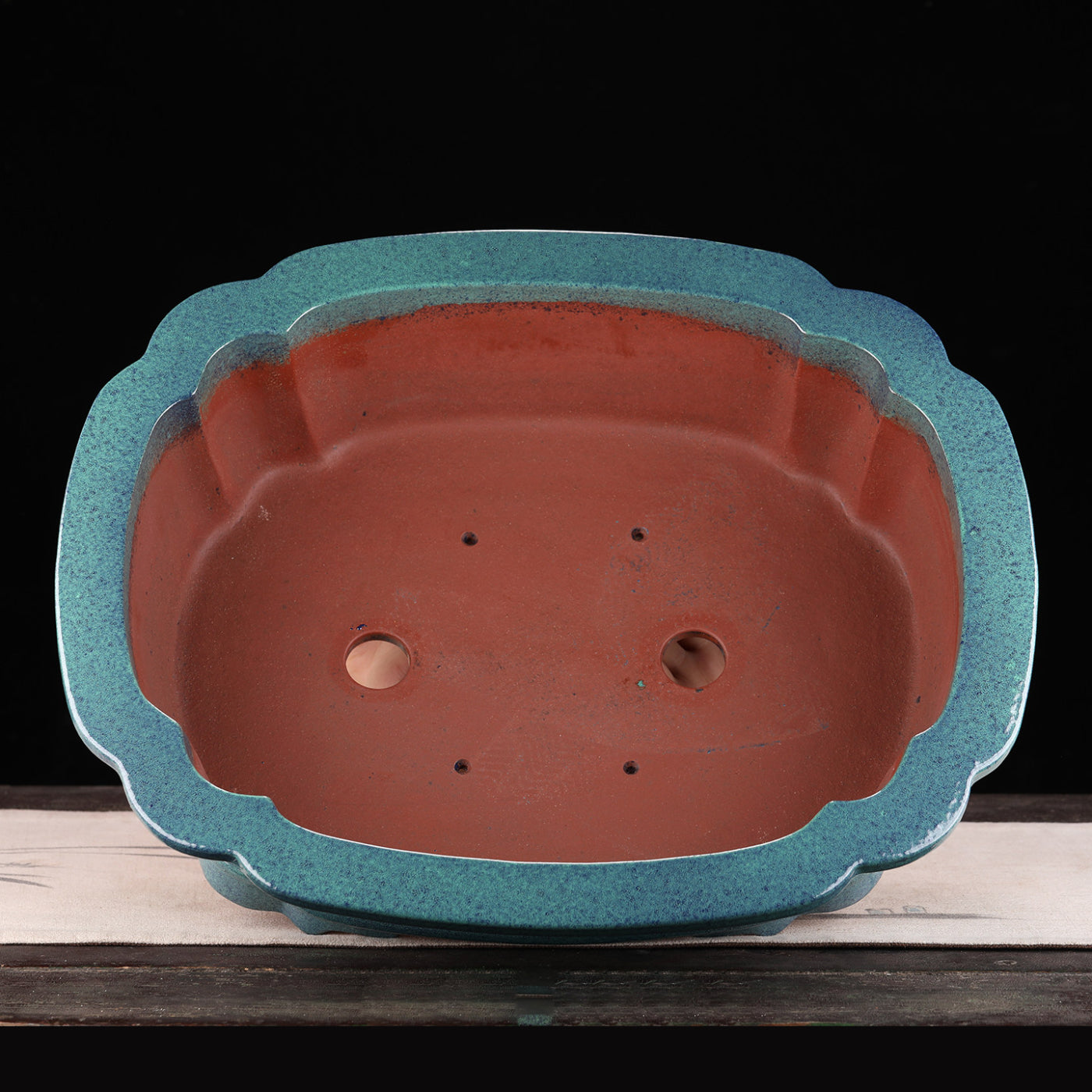 20 inch (51cm) Extra Large Scalloped Corner Flared Rectangular Blue Glazed Bonsai Pot Inner View