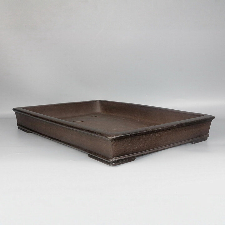 20 inch (51cm) Extra Large Shallow Rectangular Dark Brown Unglazed Minimalist Forest Bonsai Pot Corner View