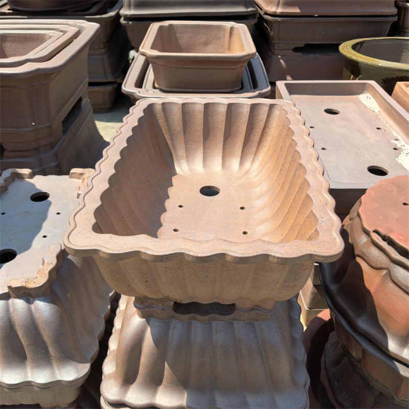 21.2 inch (54cm) Extra Large Rectangular Bonsai Pot w Sculpted Fluted Walls Side View