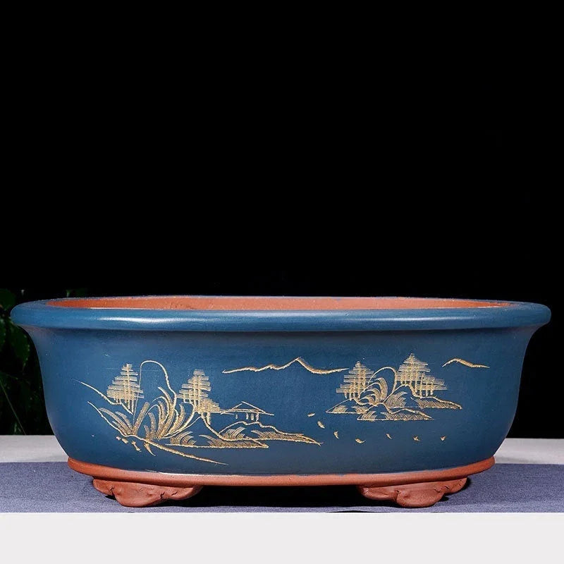 21.2 inch Extra Large Oval Bonsai Pots w Cloud Feet & Landscape Engraving Blue Color