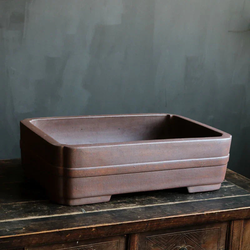 21.6 inch (55cm) Large Rectangle Speckled Finish Bonsai Pot w Raised Band Corner View