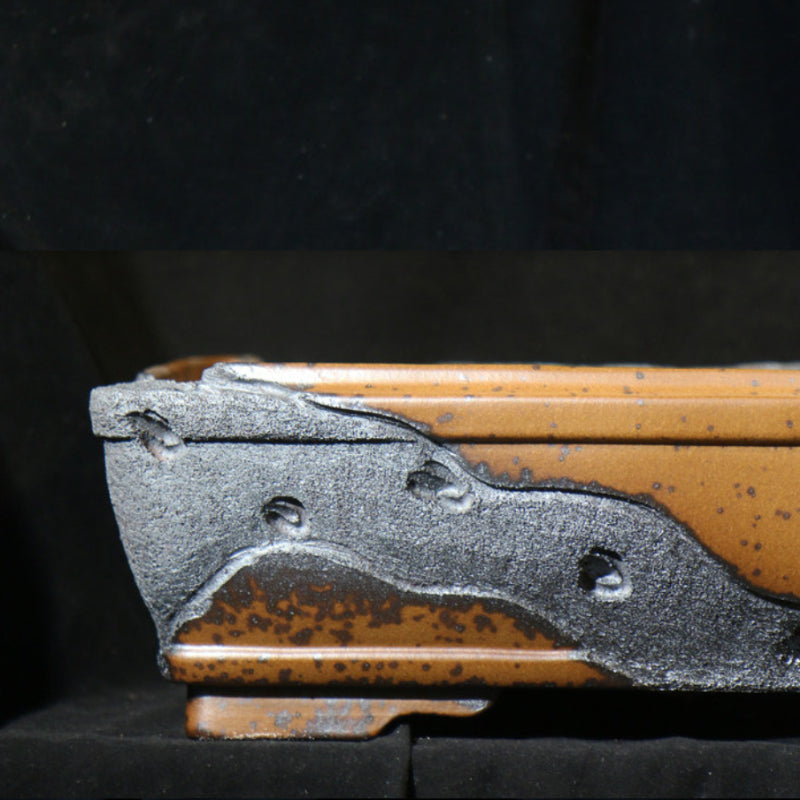 22.8 inch (58cm) Extra Large Rectangular Wood-Fired Bonsai Pot with Eroded Stone-Like Texture Close Shot