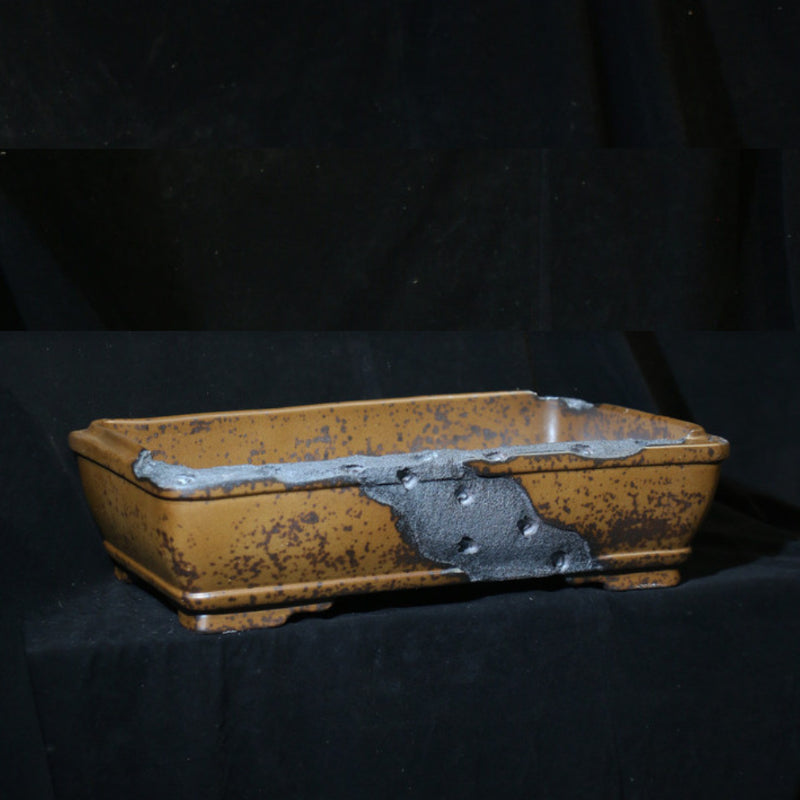 22.8 inch (58cm) Extra Large Rectangular Wood-Fired Bonsai Pot with Eroded Stone-Like Texture Corner View