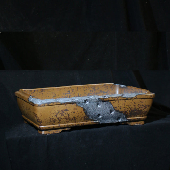 22.8 inch (58cm) Extra Large Rectangular Wood-Fired Bonsai Pot with Eroded Stone-Like Texture Corner View