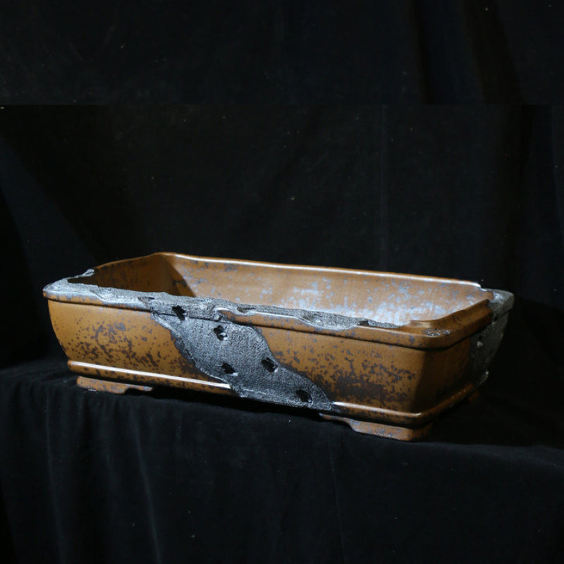 22.8 inch (58cm) Extra Large Rectangular Wood-Fired Bonsai Pot with Eroded Stone-Like Texture Corner View