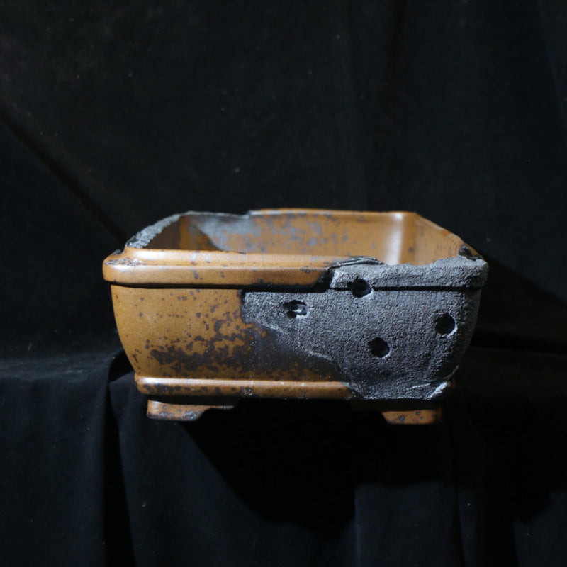 22.8 inch (58cm) Extra Large Rectangular Wood-Fired Bonsai Pot with Eroded Stone-Like Texture Side  View