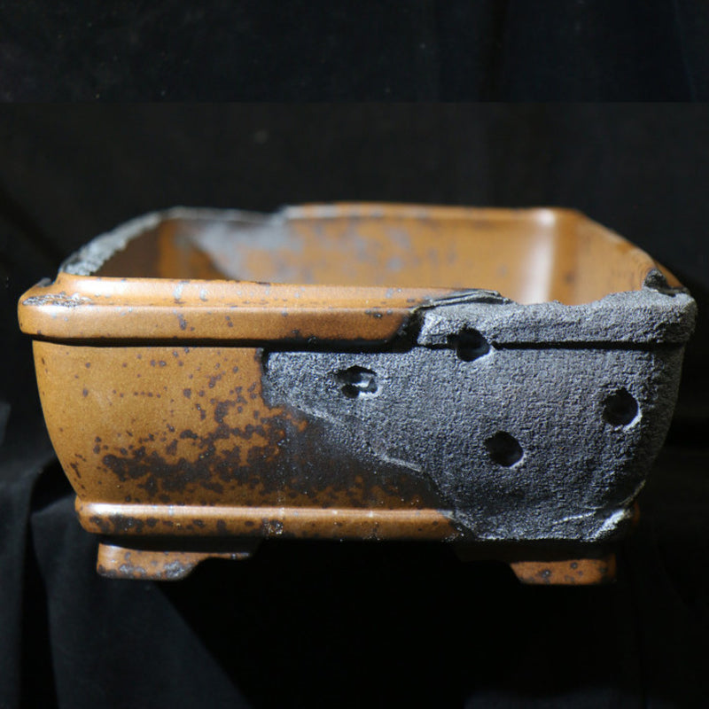 22.8 inch (58cm) Extra Large Rectangular Wood-Fired Bonsai Pot with Eroded Stone-Like Texture Side  View