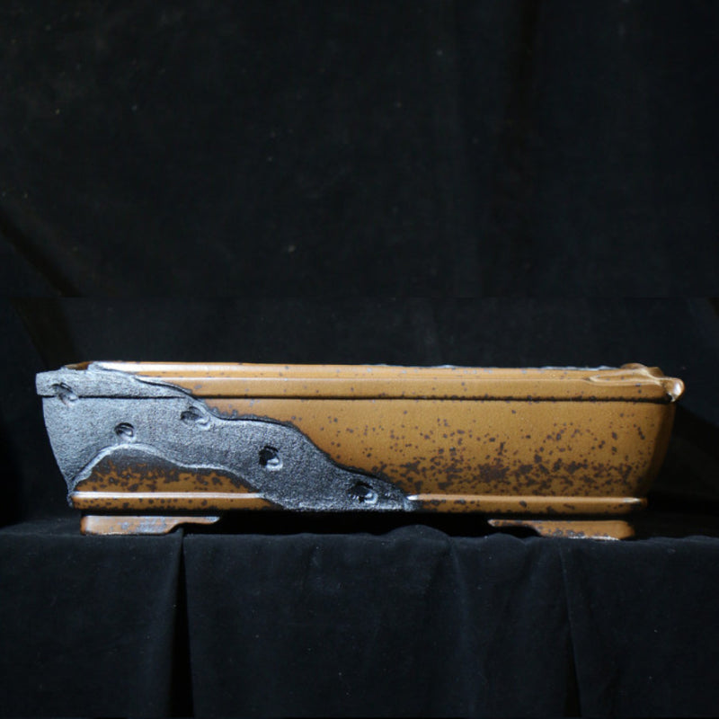 22.8 inch (58cm) Extra Large Rectangular Wood-Fired Bonsai Pot with Eroded Stone-Like Texture Side  View
