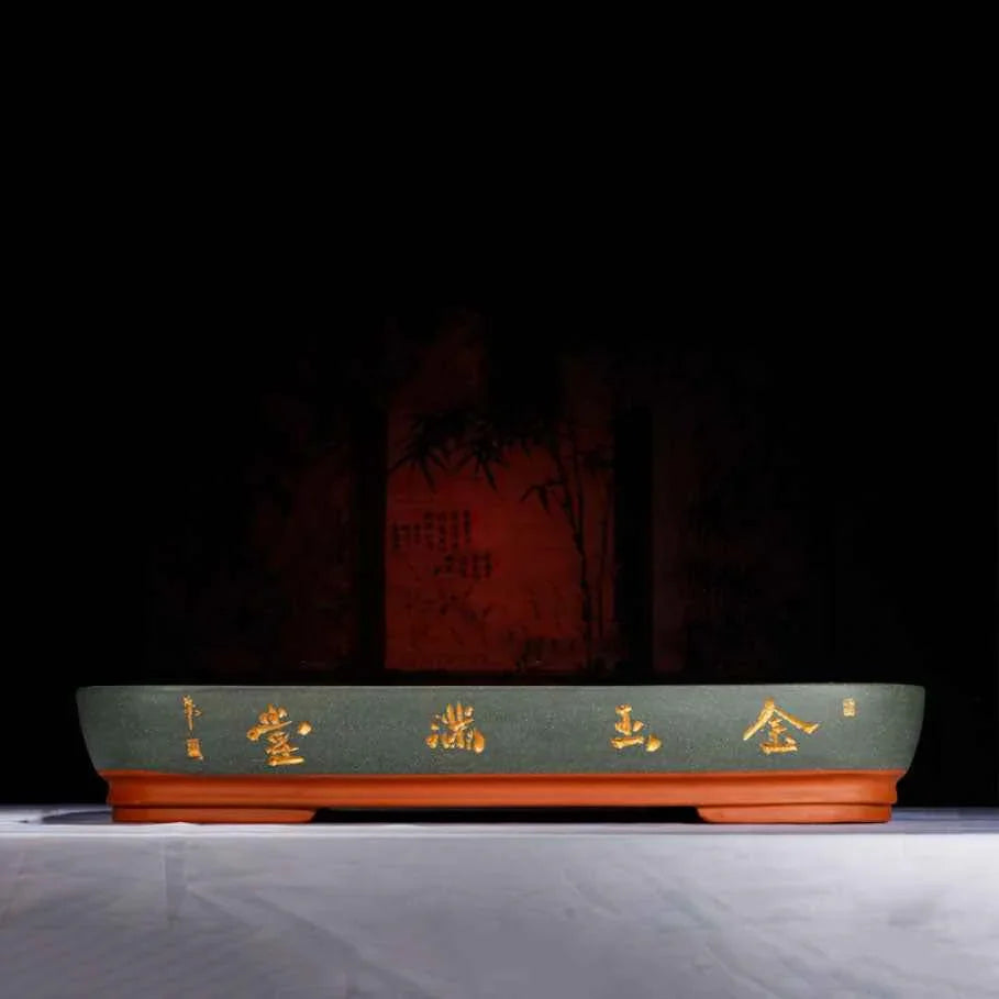22" (56cm) Extra Large Shallow Yixing Clay Bonsai Pot w Chinese Calligraphy