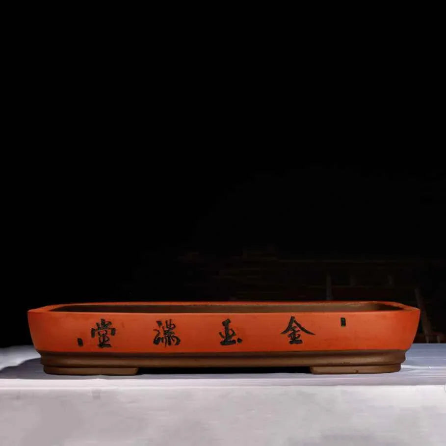 22" (56cm) Extra Large Shallow Yixing Clay Bonsai Pot w Chinese Calligraphy