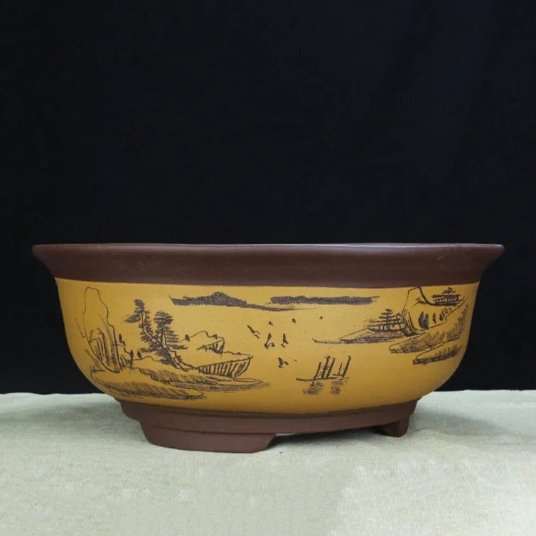 22 inch Large 8" Deep Round Unglazed Classic Bonsai Pots Yellow Color