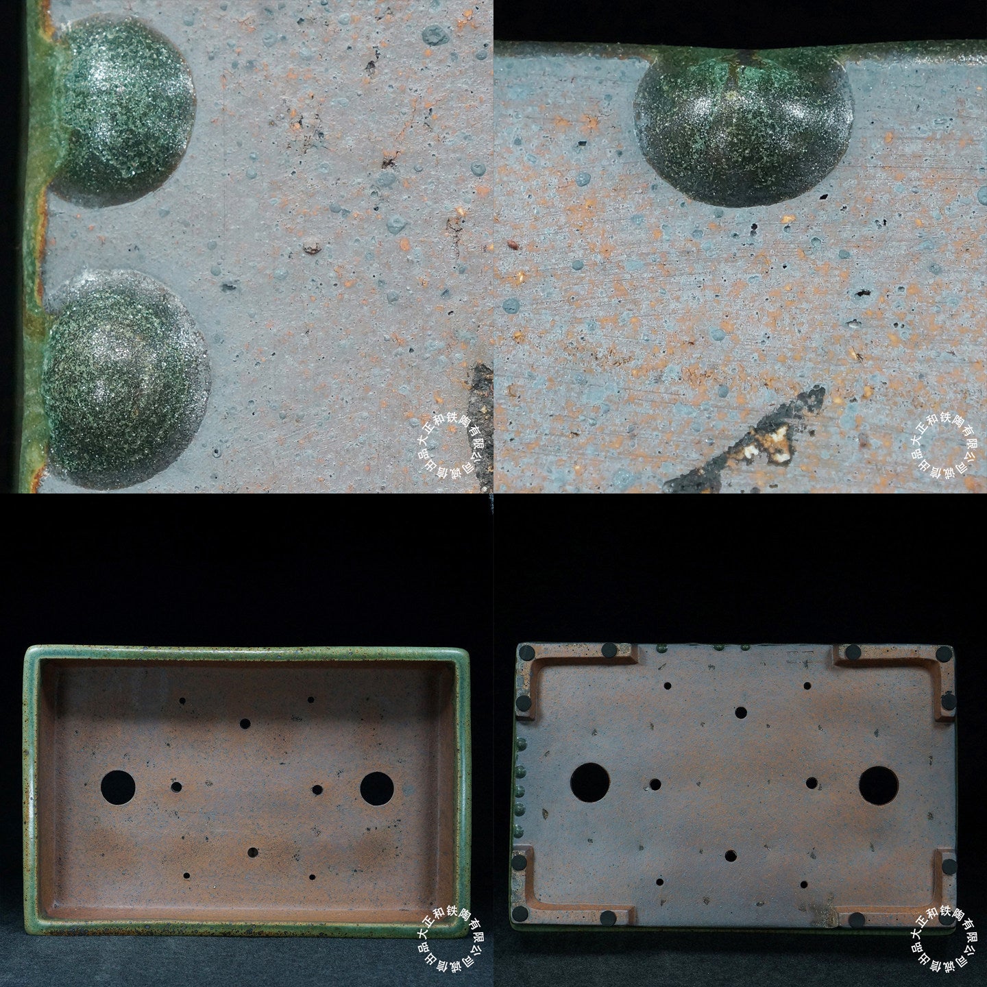 23.1 inch (58.8cm) Extra Large Rectangular Green Multi-Tone Jun Glaze Bonsai Pot Inner, Bottom, Close View