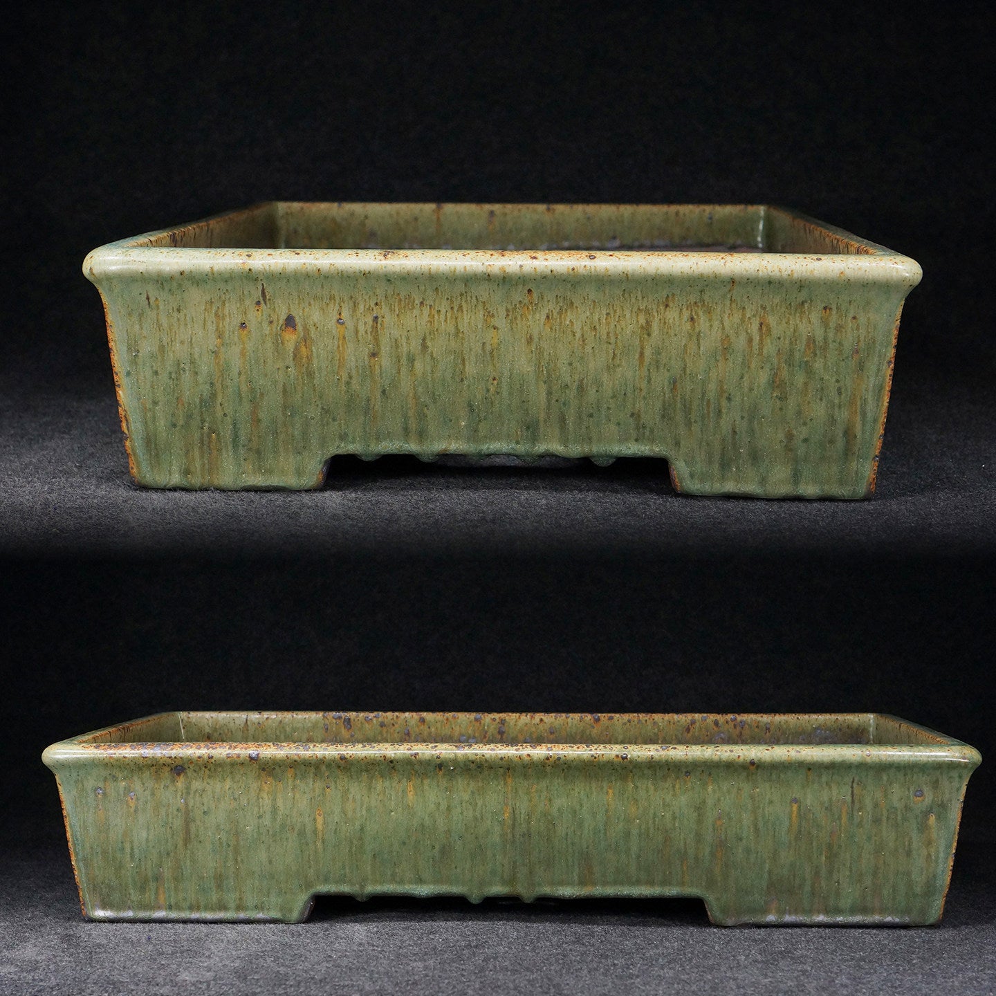 23.1 inch (58.8cm) Extra Large Rectangular Green Multi-Tone Jun Glaze Bonsai Pot Side View