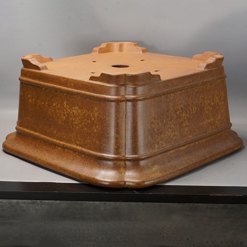 23.2 inch (59cm) Large Square Indented Corner Wood-Fired Speckle Finish Deep Bonsai Pot Bottom View
