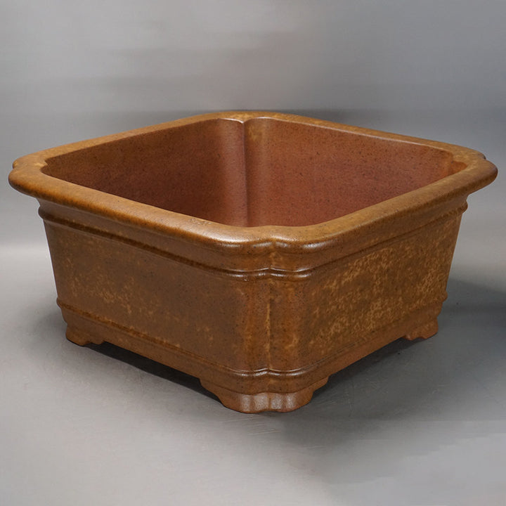 23.2 inch (59cm) Large Square Indented Corner Wood-Fired Speckle Finish Deep Bonsai Pot Corner View