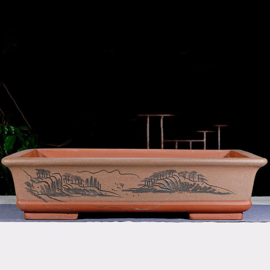 24.4" (62cm) Extra Large Handmade Rectangular Bonsai Forest Pot w Landscape Artwork