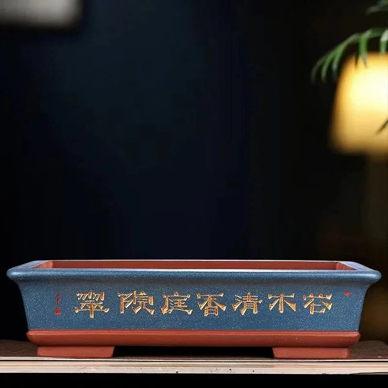 24.4 inch (62cm) Extra Large Rectangular Bonsai Pot w Chinese Calligraphy Blue Color
