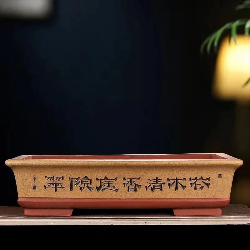 24.4 inch (62cm) Extra Large Rectangular Bonsai Pot w Chinese Calligraphy Yellow Color