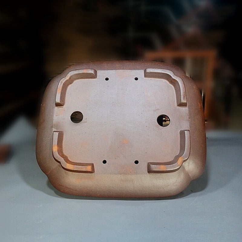 24.4 inch (62cm) XL Indented Corner Unique Convex Rectangle Wood-Fired Finish Bonsai Pot Bottom View