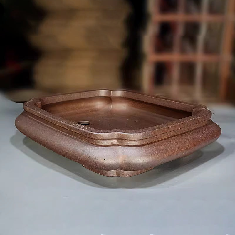 24.4 inch (62cm) XL Indented Corner Unique Convex Rectangle Wood-Fired Finish Bonsai Pot Corner View
