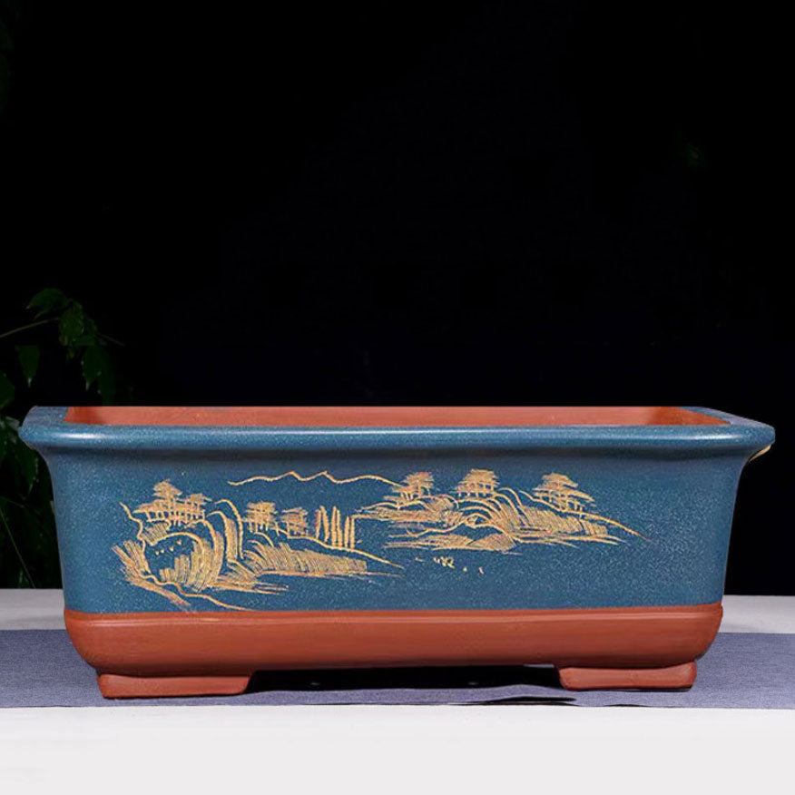 25.2" (64cm) Extra Large Rectangular Artistic Blue Bonsai Pot Handmade