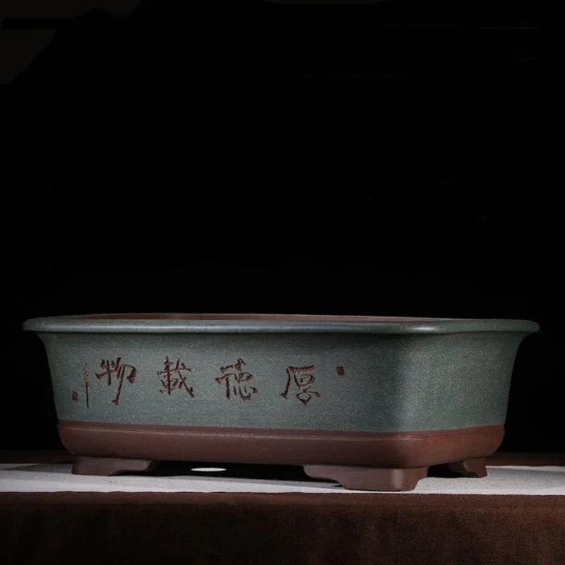 25.2" (64cm) Extra Large Rectangular Bonsai Pots w Chinese Calligraphy Blue Color