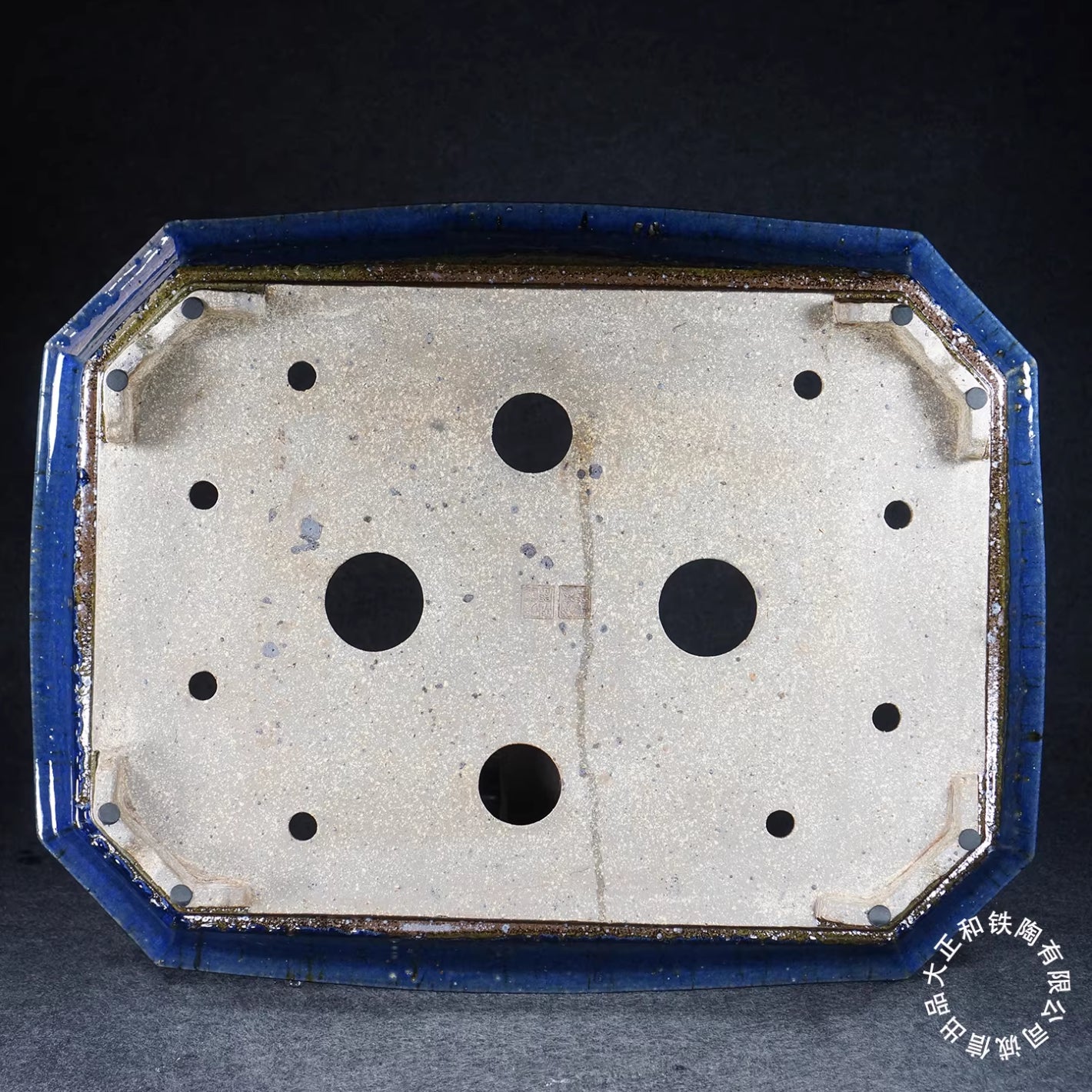 26.1 inch (66.5cm) Extra Large Shallow Rectangular Blue Multi Tone Glaze Forest Bonsai Pot Bottom View