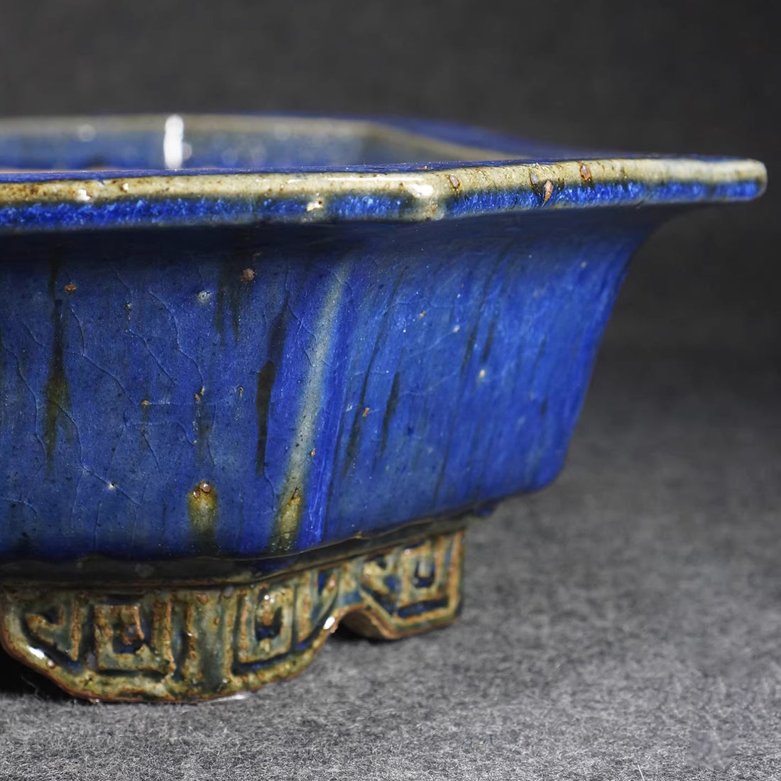 26.1 inch (66.5cm) Extra Large Shallow Rectangular Blue Multi Tone Glaze Forest Bonsai Pot Corner View