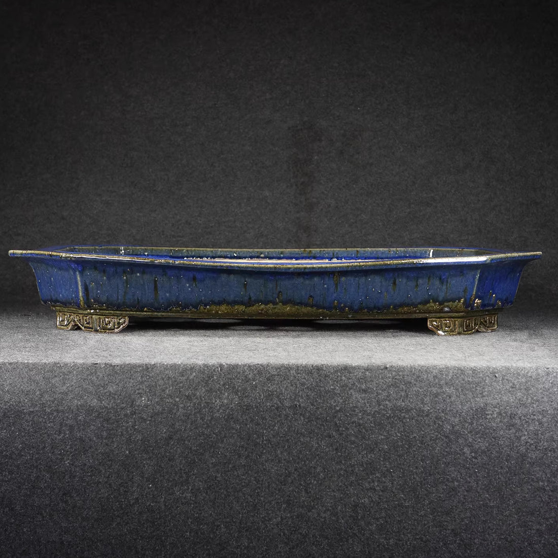 26.1 inch (66.5cm) Extra Large Shallow Rectangular Blue Multi Tone Glaze Forest Bonsai Pot Side View