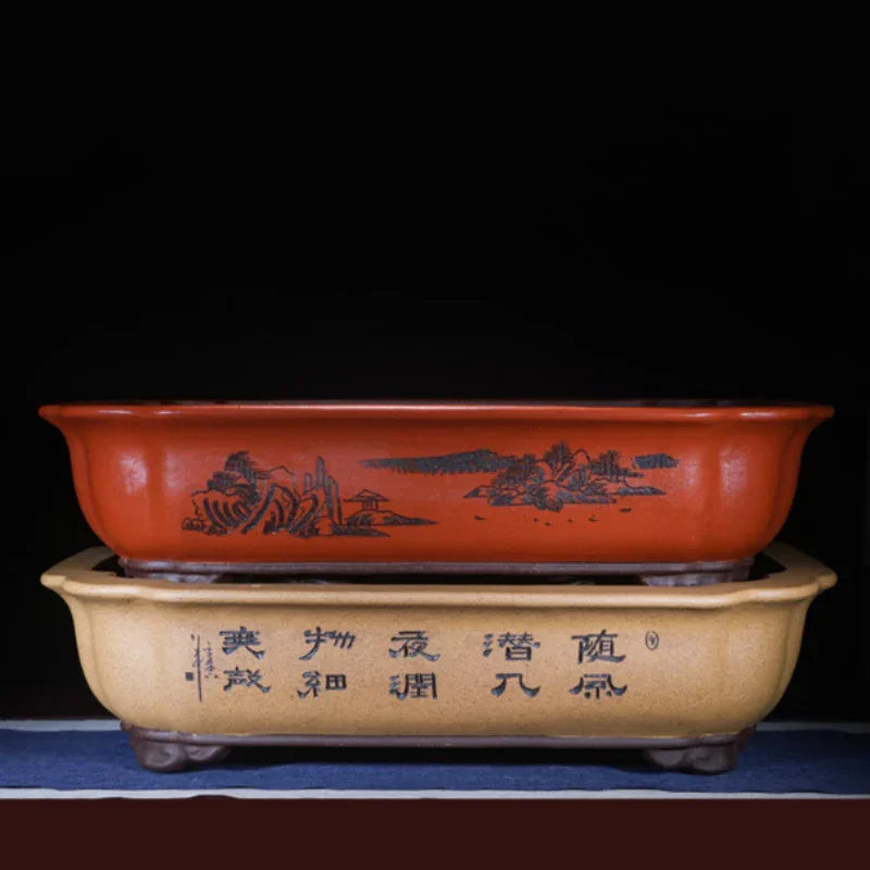 27.5 inch (70cm) Extra Large Rectangle Bonsai Pots w Scalloped Edges & Engraved Art