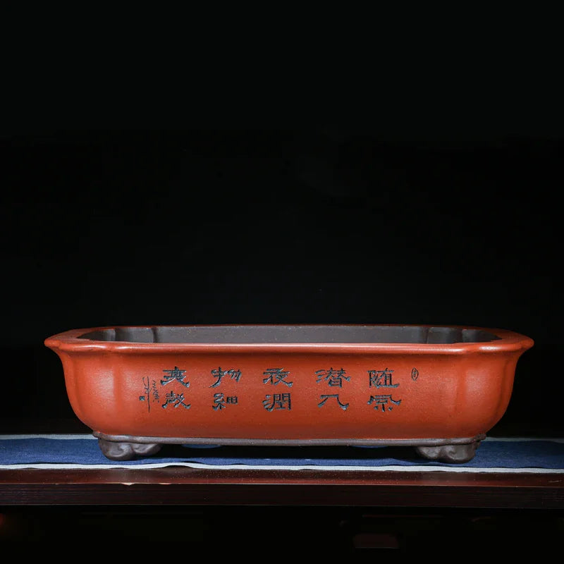 27.5 inch (70cm) Extra Large Rectangle Bonsai Pots w Scalloped Edges & Engraved Art Red Color