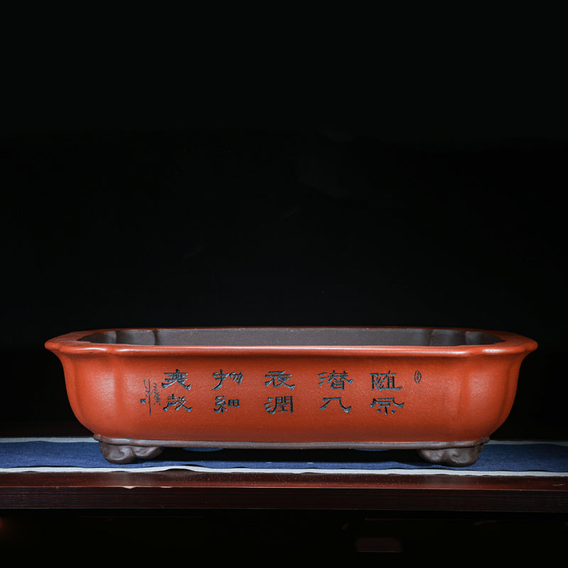 27.5 inch (70cm) Extra Large Rectangle Bonsai Pots w Scalloped Edges & Engraved Art Red Color