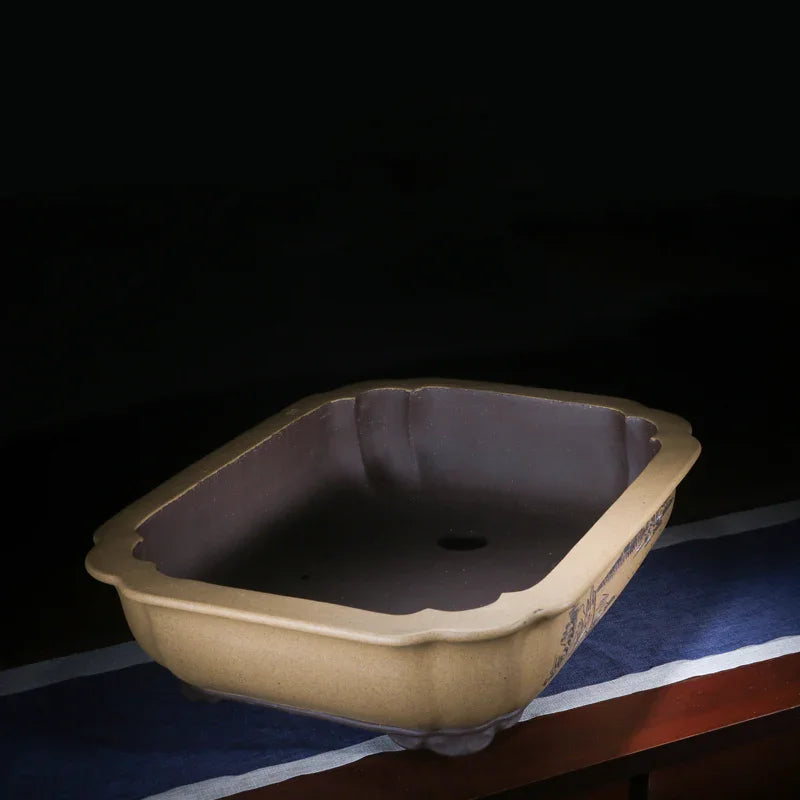 27.5 inch (70cm) Extra Large Rectangle Bonsai Pots w Scalloped Edges & Engraved Art Yellow Color