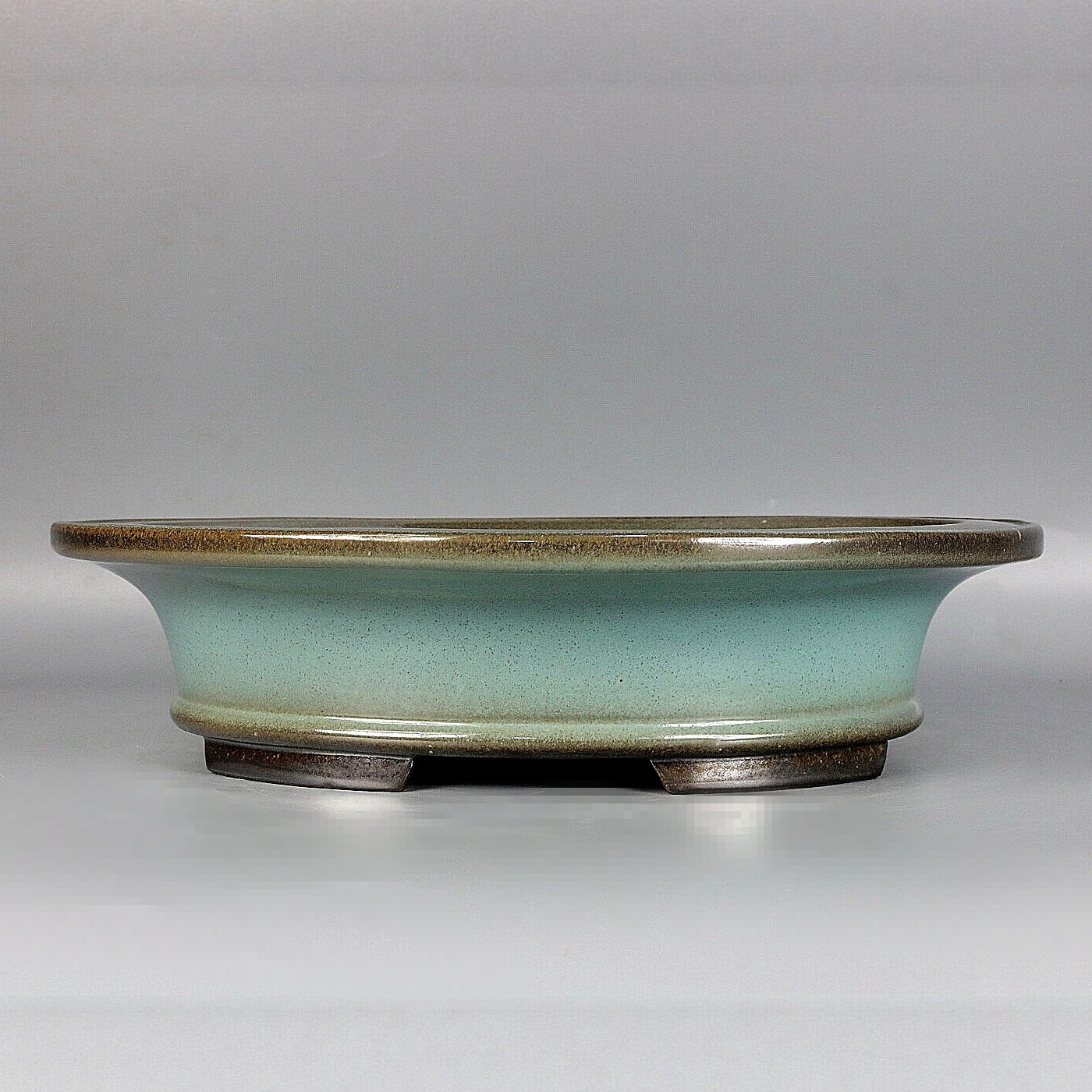 12.4" (31.5cm) Large Oval Green-Brown Dual Tone Glazed Bonsai Pot with Broad Flared Rim