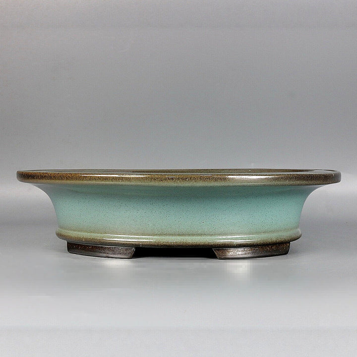 12.4" (31.5cm) Large Oval Green-Brown Dual Tone Glazed Bonsai Pot with Broad Flared Rim