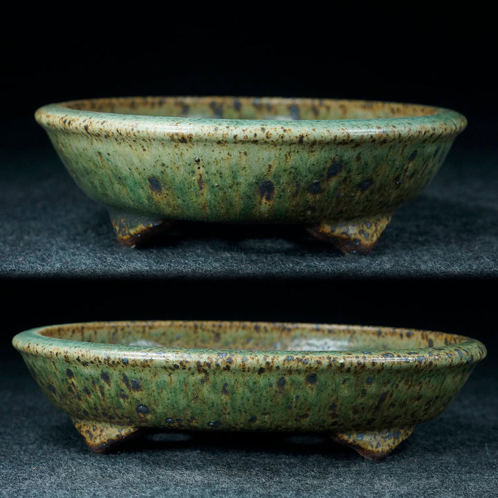 8.5" (21.7cm) Oval Green Multi-Tone Speckled Finish Jun Glaze Shallow Bonsai Pot