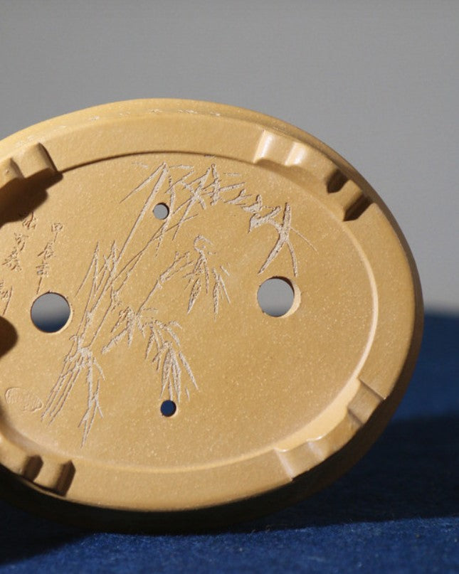 5.5" (14cm) Extra Small Oval Raised Feet Shallow Bonsai Pot w Engraved Designs