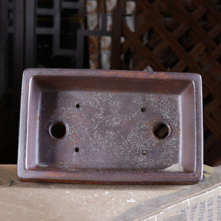 5.3" (13.5cm) Small Rectangular Brown Speckled Finish Bonsai Pot w Slanted Walls