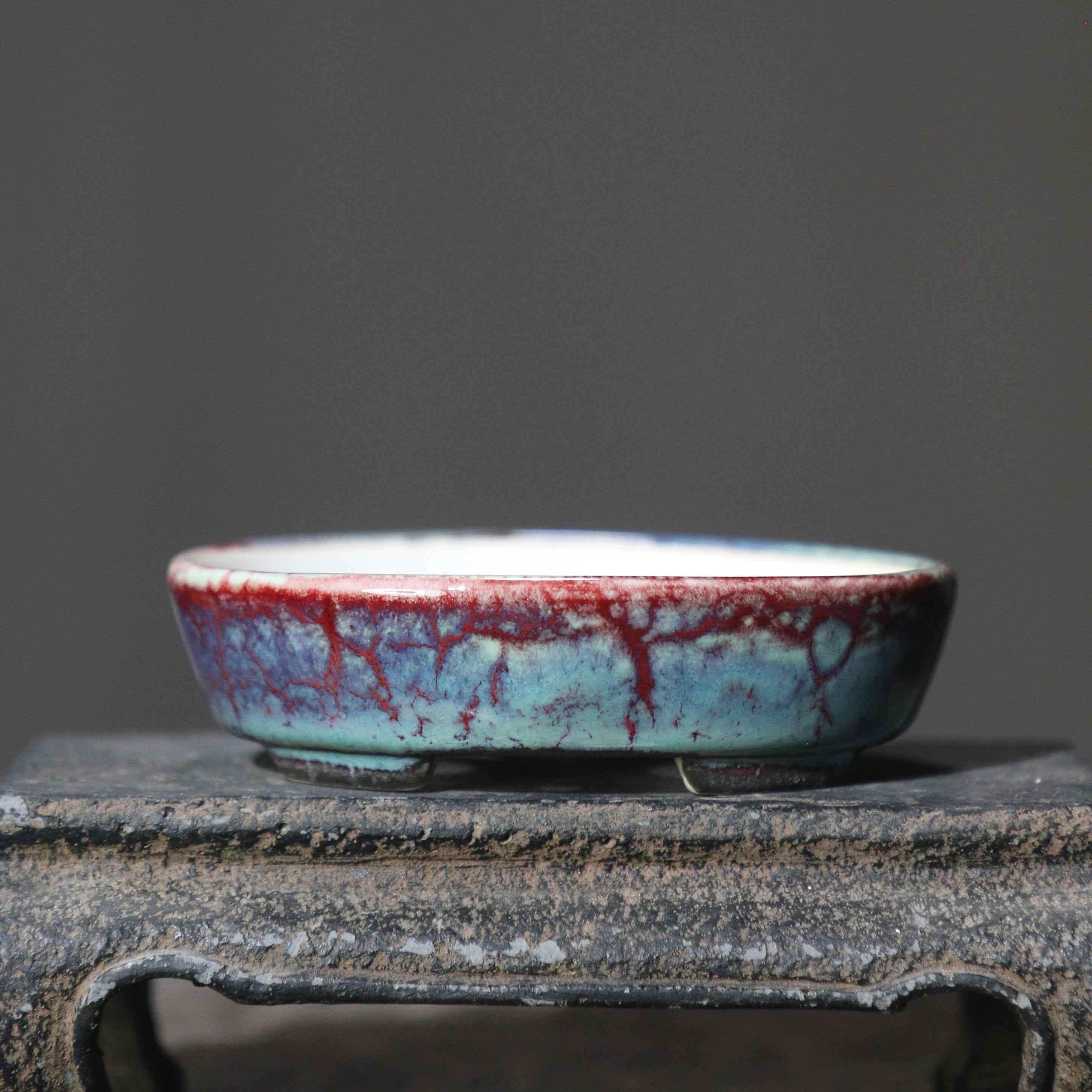3.4" (8.7cm) Extra Small Blue-Red Glazed Oval Bonsai Pot