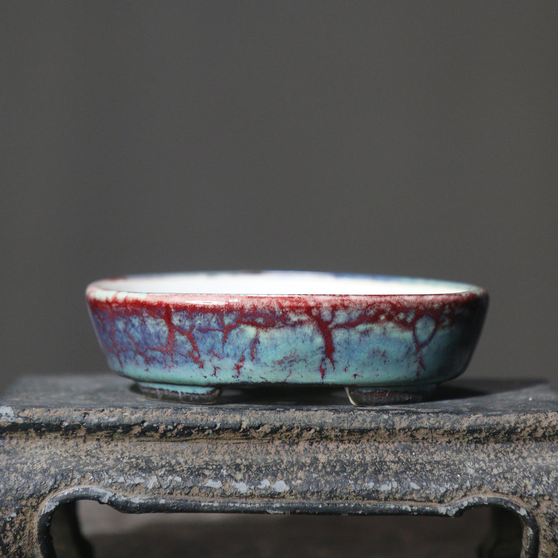 3.4" (8.7cm) Extra Small Blue-Red Glazed Oval Bonsai Pot
