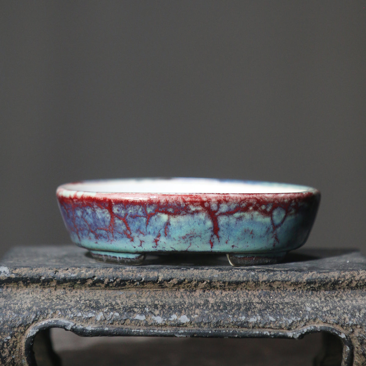 3.4" (8.7cm) Extra Small Blue-Red Glazed Oval Bonsai Pot