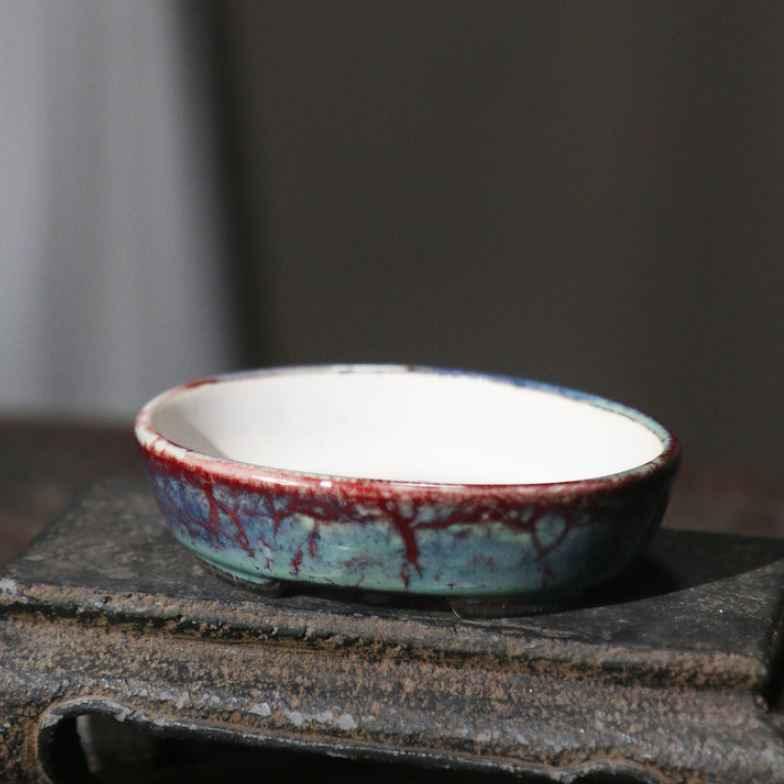 3.4" (8.7cm) Extra Small Blue-Red Glazed Oval Bonsai Pot