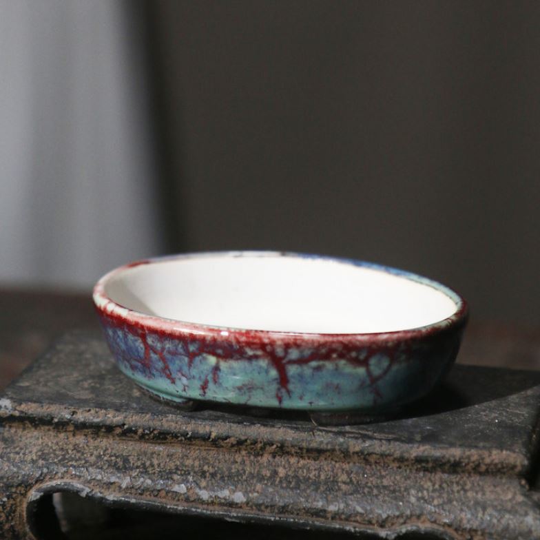 3.4" (8.7cm) Extra Small Blue-Red Glazed Oval Bonsai Pot Top View