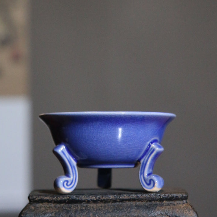 3.5" (9cm) Mini Round Glazed Bonsai Pots with Ornate Curled Legs Blue Color