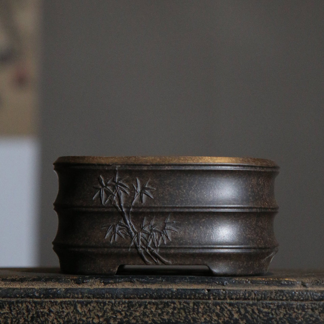 3.9" (10cm) Small Square Bamboo Joint Style Bonsai Pots Black Color w Bamboo Motif