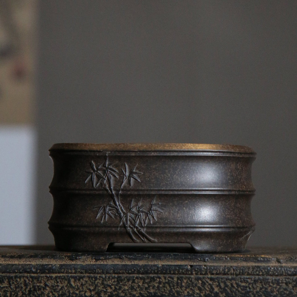 3.9" (10cm) Small Square Bamboo Joint Style Bonsai Pots Black Color w Bamboo Motif