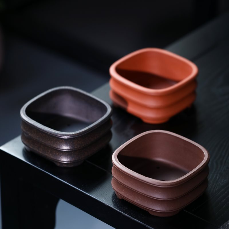 3.9" (10cm) Small Square Bamboo Joint Style Bonsai Pots Group View