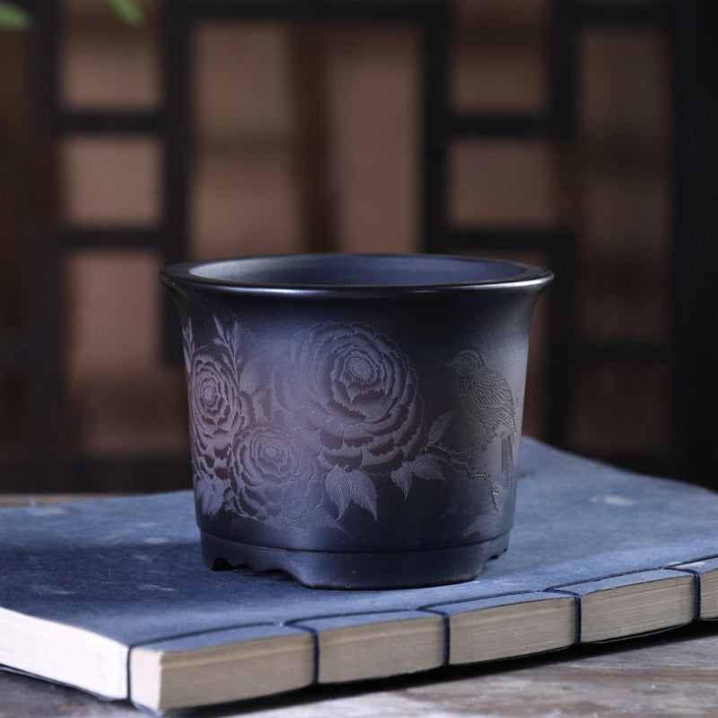 3.9 inch (10.1cm) Wide 3 inch (7.7cm) Deep Small Round Black-Brown Gradient Semi Cascade Bonsai Pot