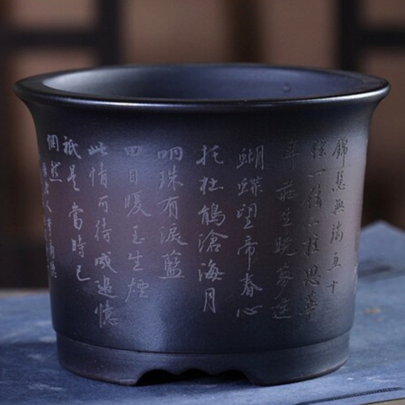 3.9 inch (10.1cm) Wide 3 inch (7.7cm) Deep Small Round Black-Brown Gradient Semi Cascade Bonsai Pot Back Side
